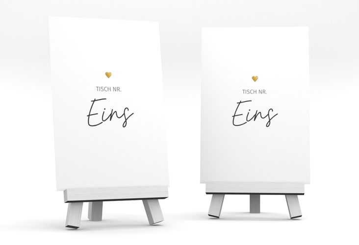 Tischnummer Hochzeit Herzschlag Tischaufsteller weiss gold schlicht und elegant mit Herzchen