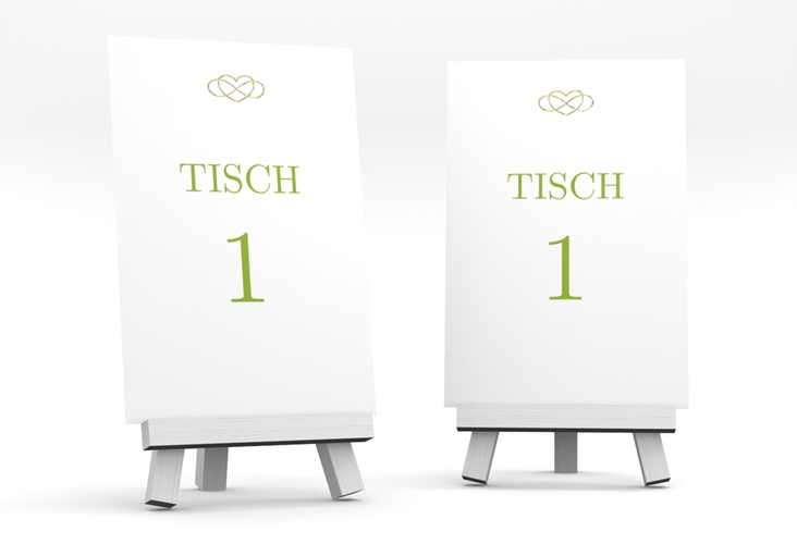 Tischnummer Hochzeit Infinity Tischaufsteller gruen gold