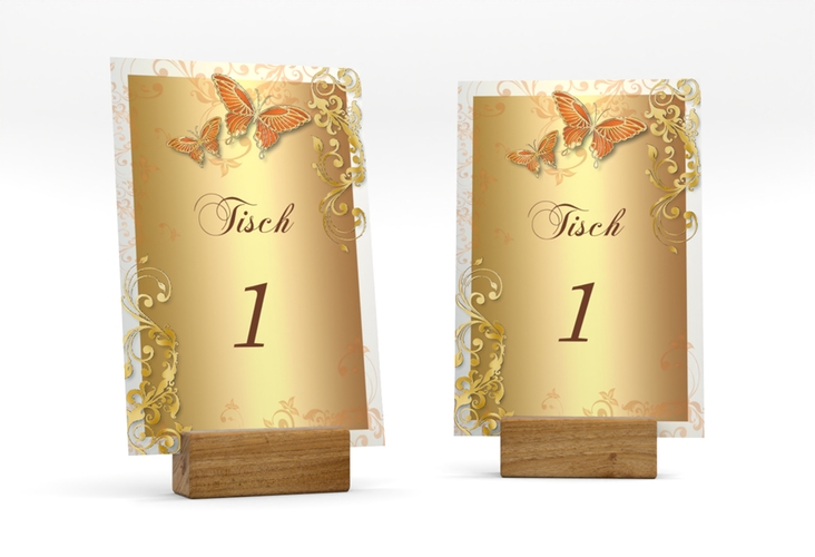 Tischnummer Hochzeit Toulouse Tischaufsteller orange gold