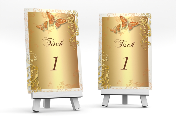 Tischnummer Hochzeit Toulouse Tischaufsteller orange gold