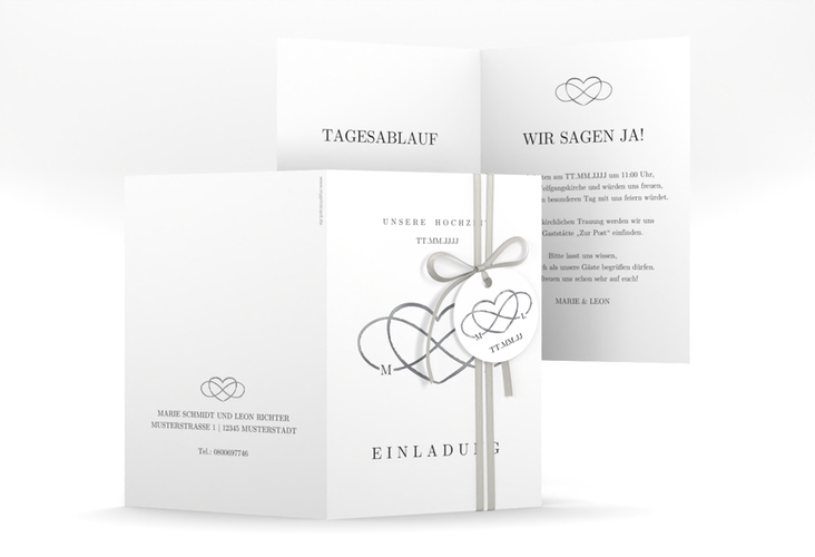 Einladungskarte Hochzeit Infinity A6 Klappkarte hoch schwarz silber