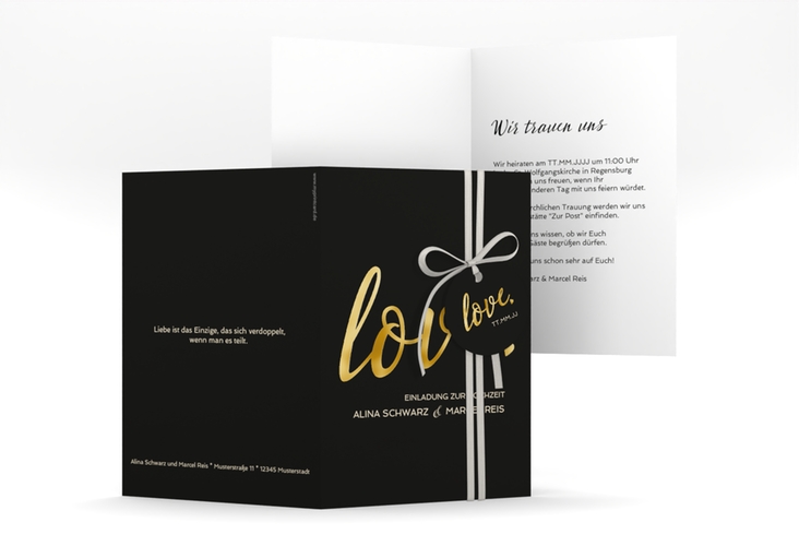 Einladungskarte Hochzeit Glam A6 Klappkarte hoch schwarz gold