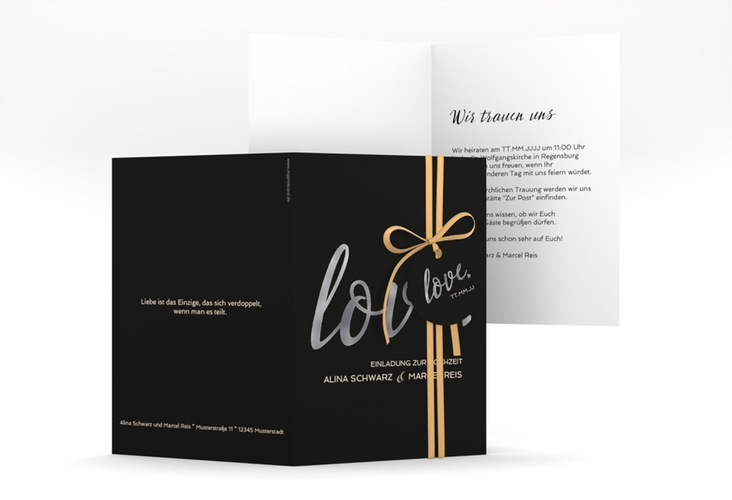 Einladungskarte Hochzeit Glam A6 Klappkarte hoch schwarz silber