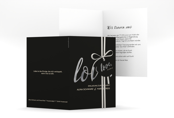 Einladungskarte Hochzeit Glam A6 Klappkarte hoch schwarz silber