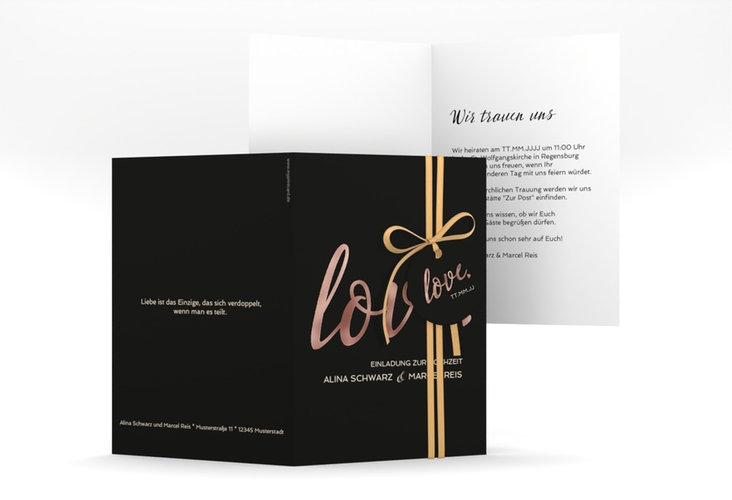 Einladungskarte Hochzeit Glam A6 Klappkarte hoch schwarz rosegold