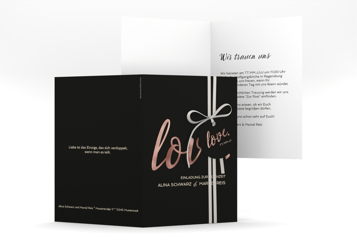 Einladungskarte Hochzeit Glam A6 Klappkarte hoch schwarz rosegold