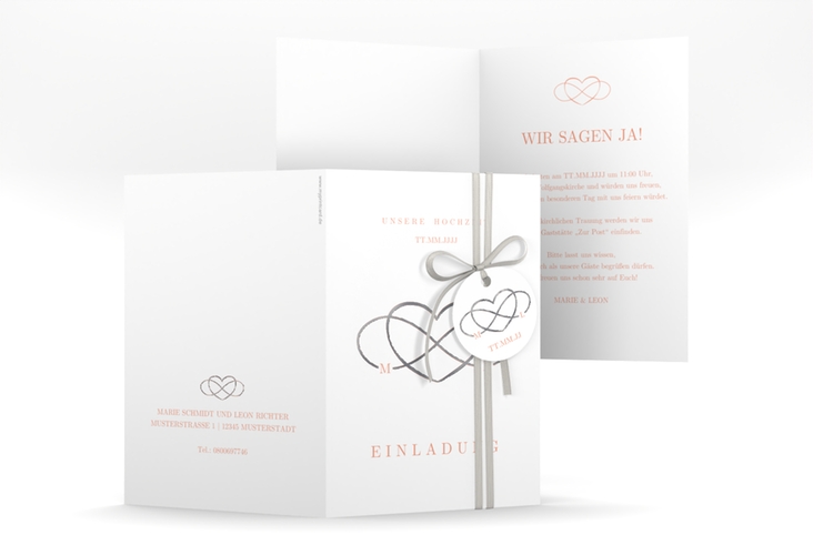 Einladungskarte Hochzeit Infinity A6 Klappkarte hoch apricot silber