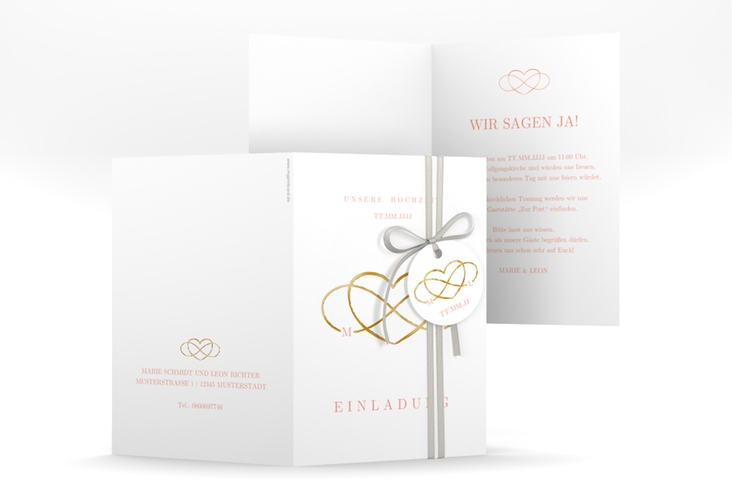 Einladungskarte Hochzeit Infinity A6 Klappkarte hoch apricot gold