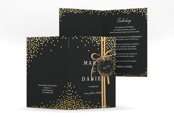 Einladungskarte Hochzeit Glitter A6 Klappkarte hoch schwarz gold