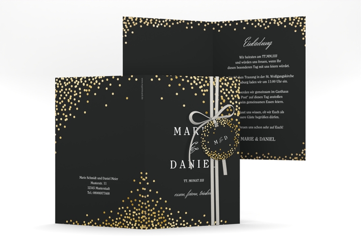 Einladungskarte Hochzeit Glitter A6 Klappkarte hoch schwarz gold