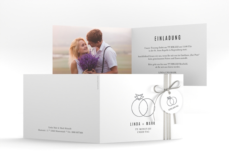 Hochzeitseinladung Rings A6 Klappkarte quer weiss silber