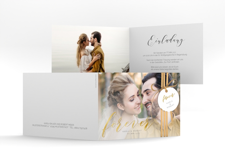 Hochzeitseinladung Promise A6 Klappkarte quer weiss gold