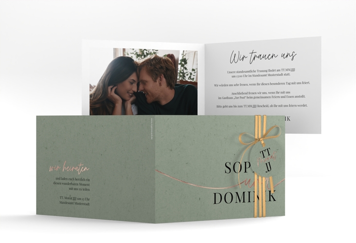 Hochzeitseinladung Easy A6 Klappkarte quer gruen rosegold im modernen minimalistischen Design