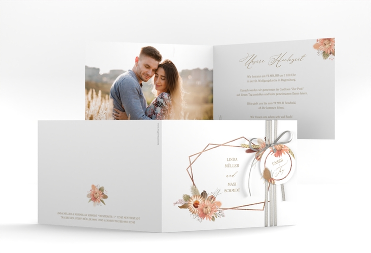 Hochzeitseinladung Strohblume A6 Klappkarte quer weiss rosegold