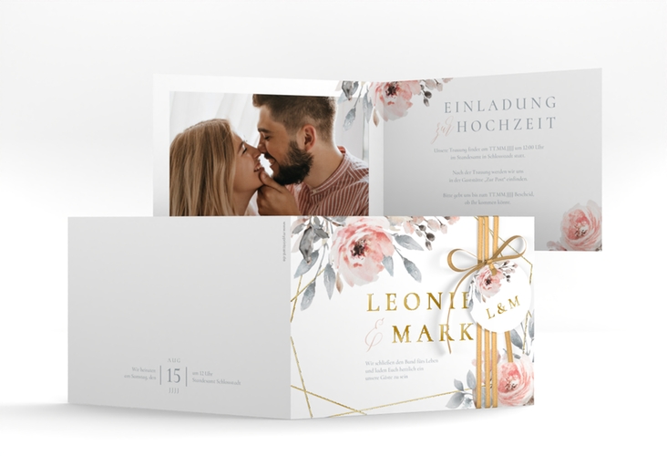 Hochzeitseinladung Perfection A6 Klappkarte quer weiss gold mit rosa Rosen