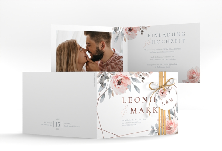 Hochzeitseinladung Perfection A6 Klappkarte quer weiss rosegold mit rosa Rosen