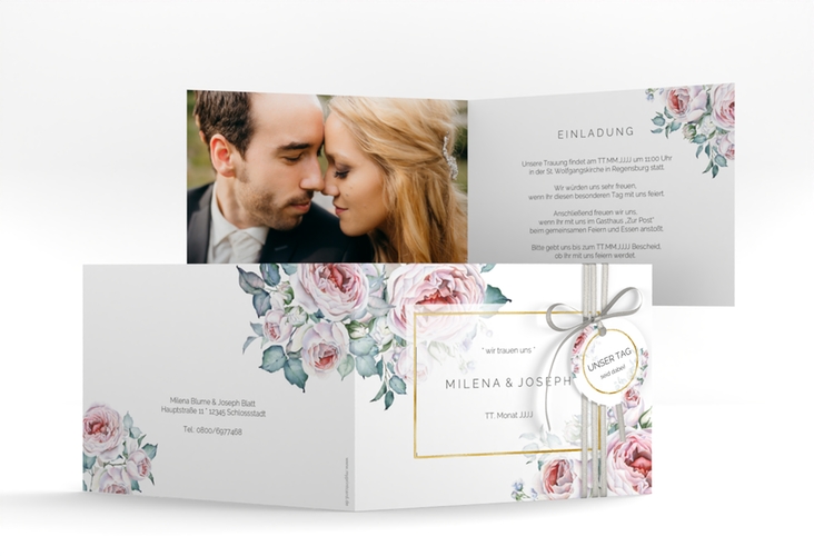 Hochzeitseinladung Embrace A6 Klappkarte quer weiss gold