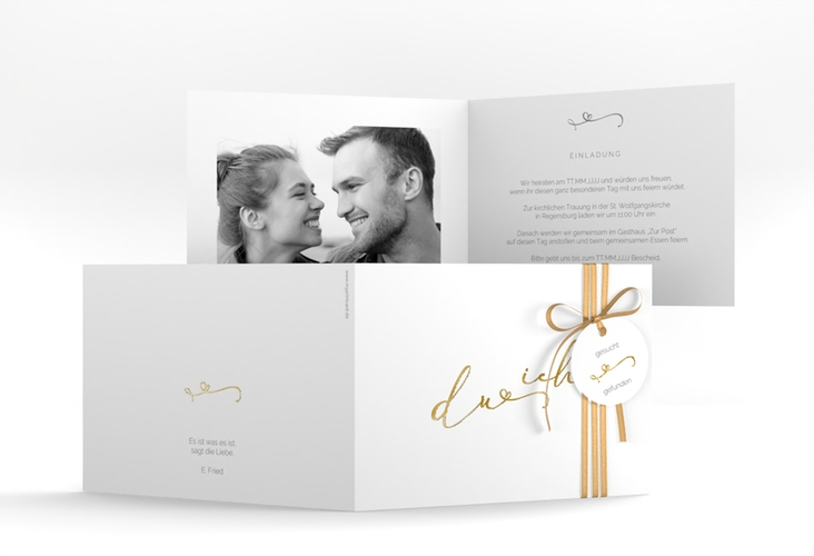 Hochzeitseinladung Zweisamkeit A6 Klappkarte quer weiss gold im minimalistischen Stil mit Aufschrift du & ich