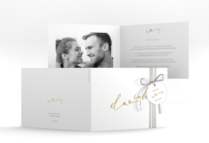Hochzeitseinladung Zweisamkeit A6 Klappkarte quer weiss gold im minimalistischen Stil mit Aufschrift du & ich