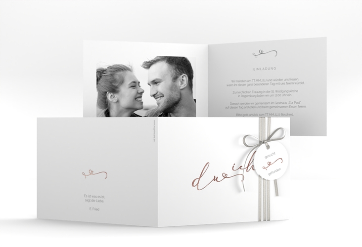 Hochzeitseinladung Zweisamkeit A6 Klappkarte quer weiss rosegold im minimalistischen Stil mit Aufschrift du & ich