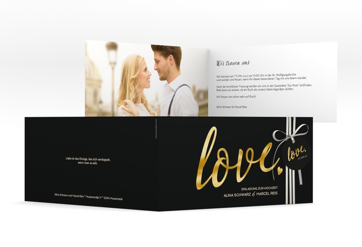 Hochzeitseinladung Glam lange Klappkarte quer schwarz gold