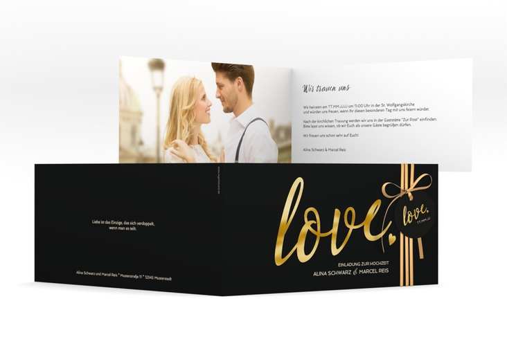Hochzeitseinladung Glam lange Klappkarte quer schwarz gold