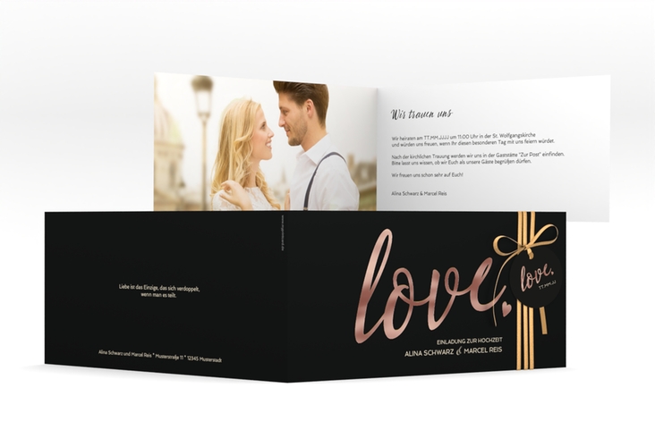 Hochzeitseinladung Glam lange Klappkarte quer schwarz rosegold
