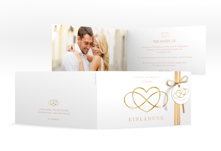 Hochzeitseinladung Infinity lange Klappkarte quer apricot gold
