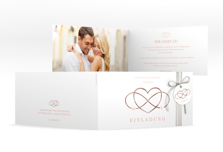 Hochzeitseinladung Infinity lange Klappkarte quer apricot rosegold