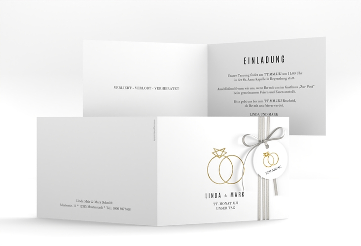 Hochzeitseinladung Rings A6 Klappkarte quer weiss gold