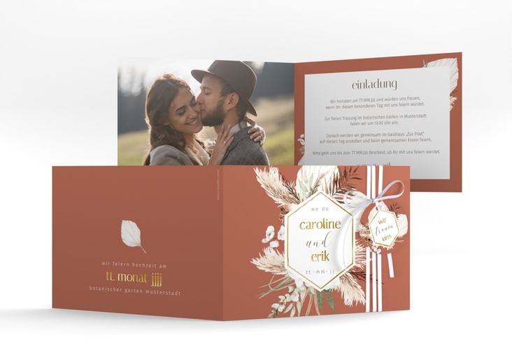 Hochzeiteinladung Bohemian A6 Klappkarte quer orange gold mit Pampasgras