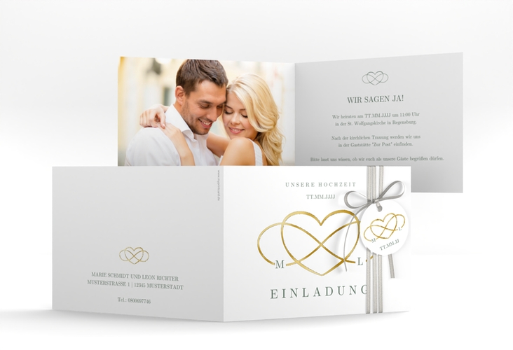 Hochzeitseinladung Infinity A6 Klappkarte quer gruen gold