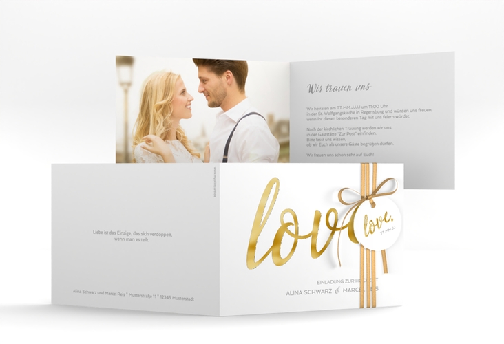 Hochzeitseinladung Glam A6 Klappkarte quer weiss gold