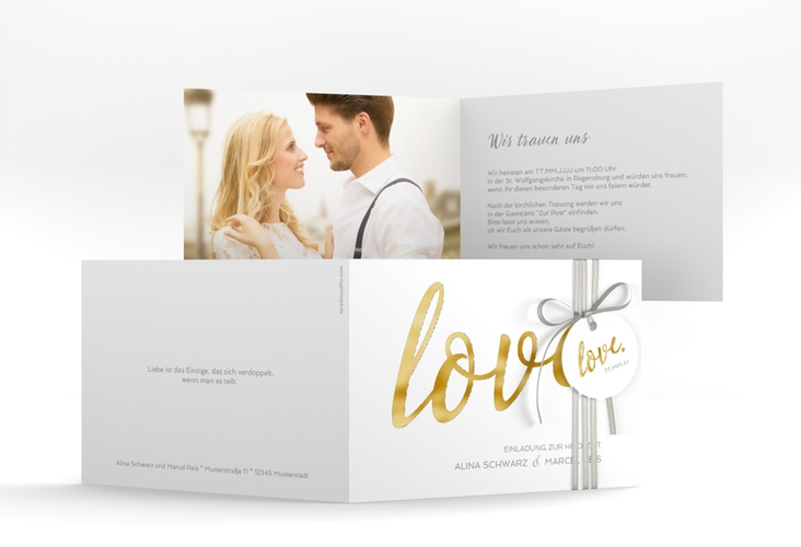 Hochzeitseinladung Glam A6 Klappkarte quer weiss gold