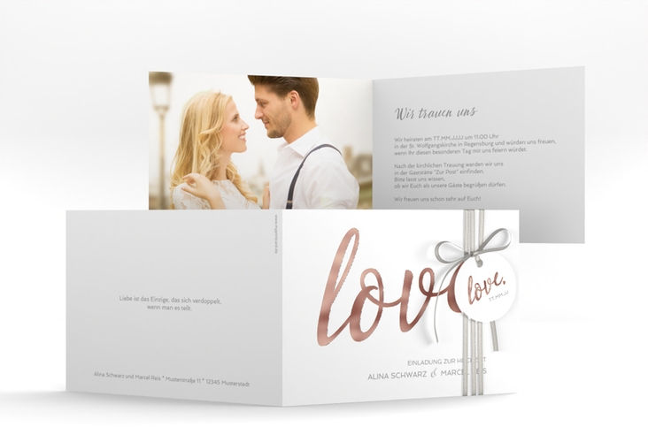 Hochzeitseinladung Glam A6 Klappkarte quer weiss rosegold
