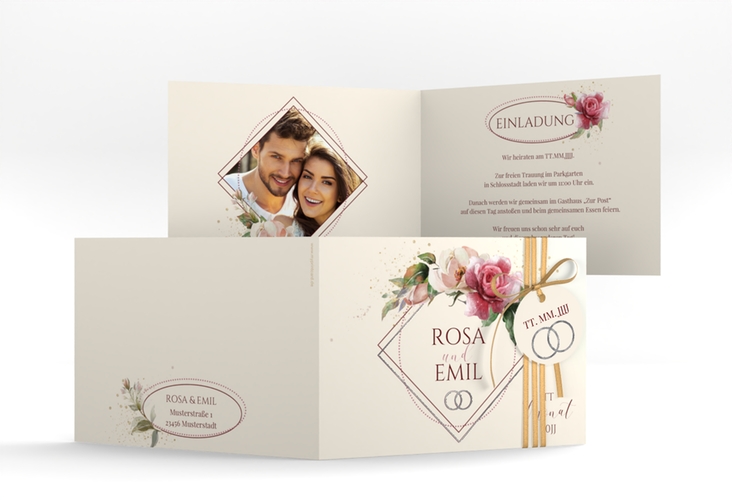 Hochzeitseinladung Rosenbogen A6 Klappkarte quer beige silber