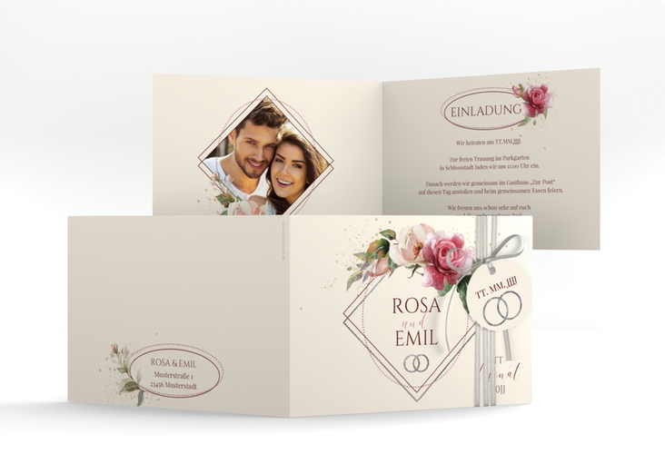 Hochzeitseinladung Rosenbogen A6 Klappkarte quer beige silber