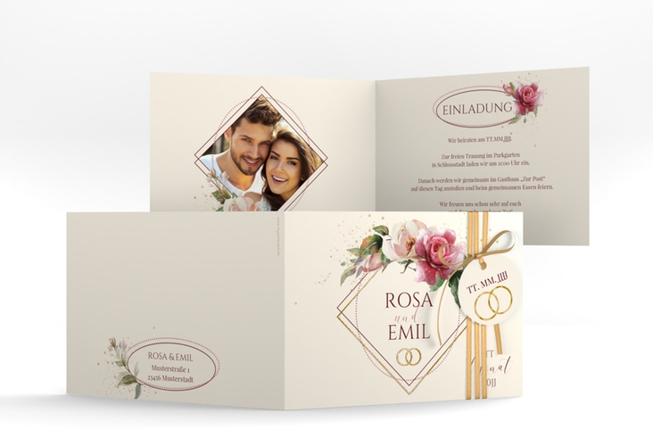 Hochzeitseinladung Rosenbogen A6 Klappkarte quer beige gold