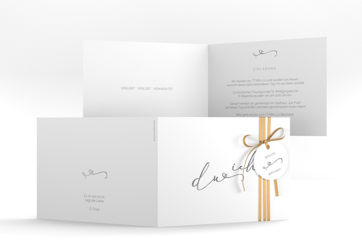 Hochzeitseinladung Zweisamkeit A6 Klappkarte quer weiss silber im minimalistischen Stil mit Aufschrift du & ich