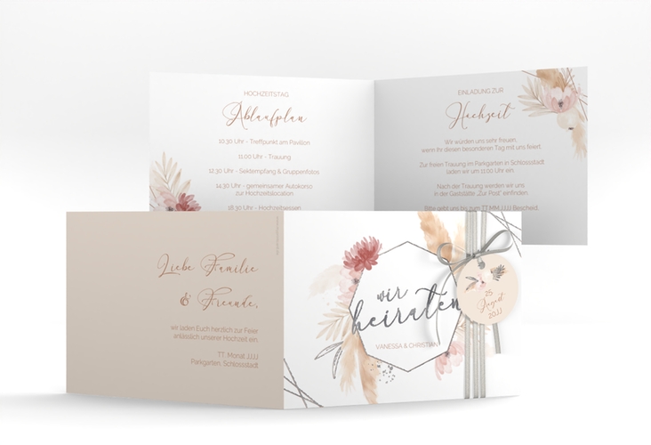 Hochzeitseinladung Bohostyle A6 Klappkarte quer beige silber mit Pampasgras in Aquarell