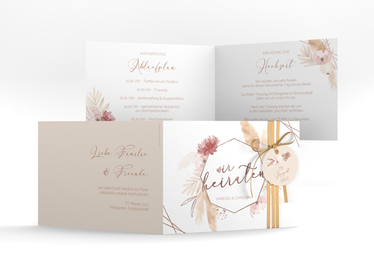 Hochzeitseinladung Bohostyle A6 Klappkarte quer beige rosegold mit Pampasgras in Aquarell