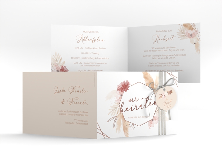 Hochzeitseinladung Bohostyle A6 Klappkarte quer beige rosegold mit Pampasgras in Aquarell