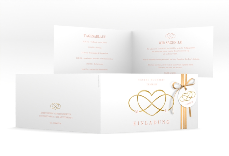 Hochzeitseinladung Infinity lange Klappkarte quer apricot gold