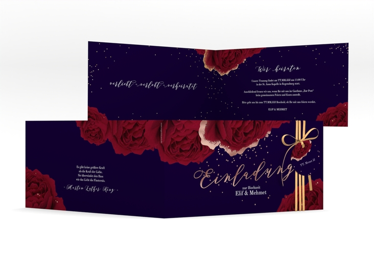 Hochzeitseinladung Cherie lange Klappkarte quer schwarz rosegold