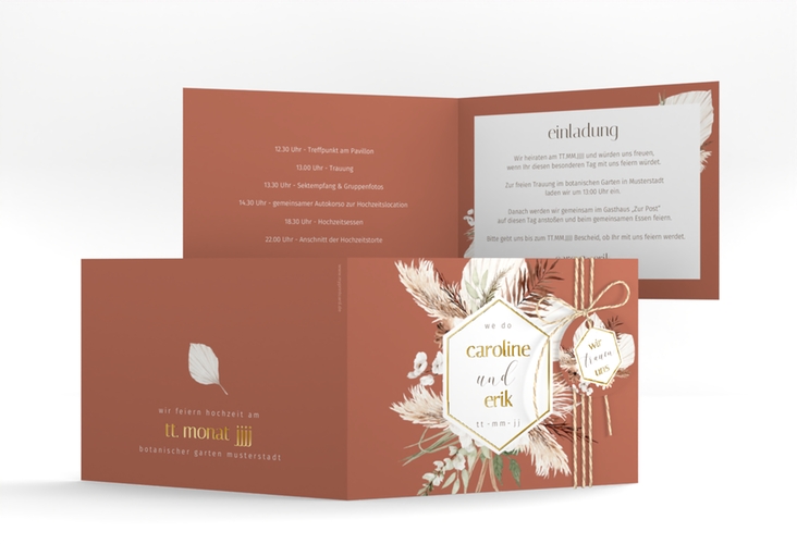 Hochzeiteinladung Bohemian A6 Klappkarte quer orange gold mit Pampasgras