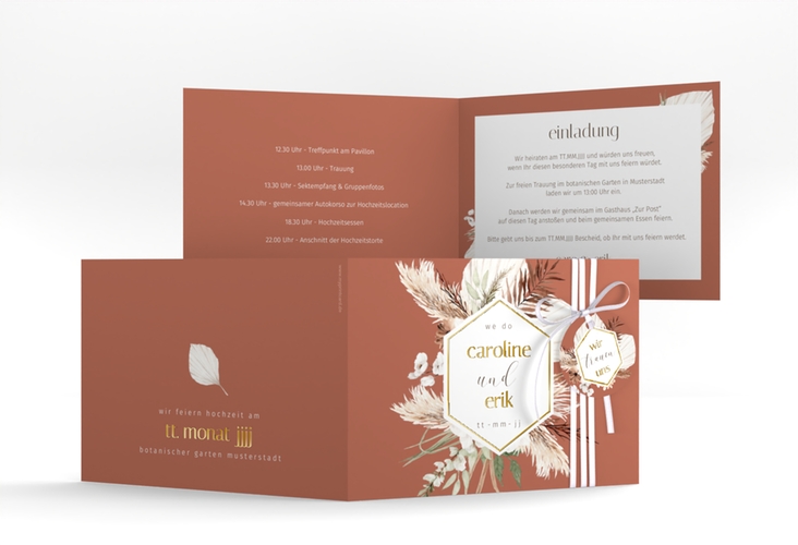 Hochzeiteinladung Bohemian A6 Klappkarte quer orange gold mit Pampasgras