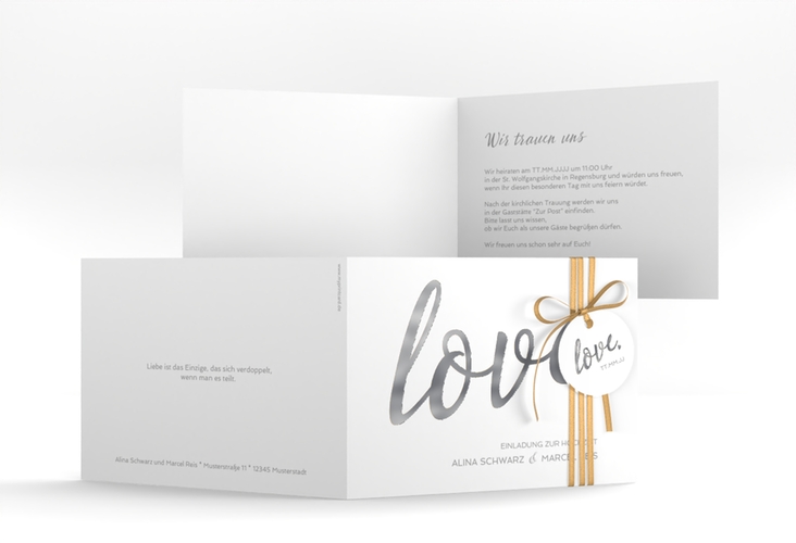 Hochzeitseinladung Glam A6 Klappkarte quer weiss silber