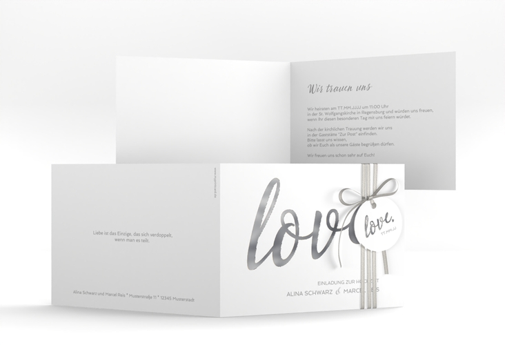 Hochzeitseinladung Glam A6 Klappkarte quer weiss silber