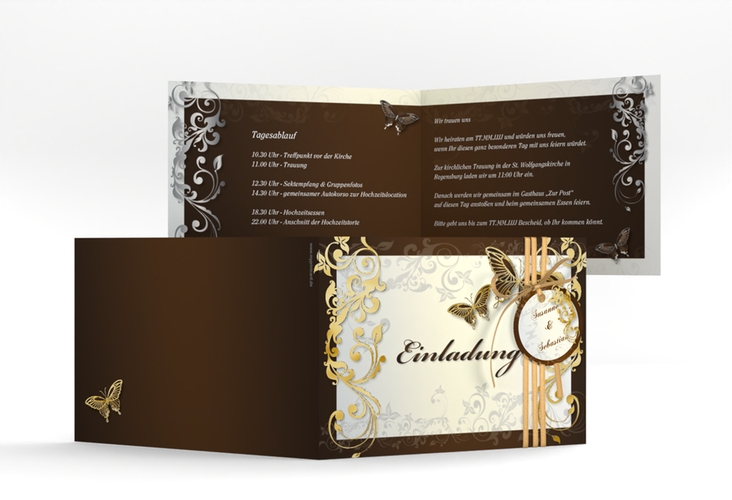 Hochzeitseinladung Toulouse A6 Klappkarte quer braun gold mit Schmetterlingen und Schnörkeln