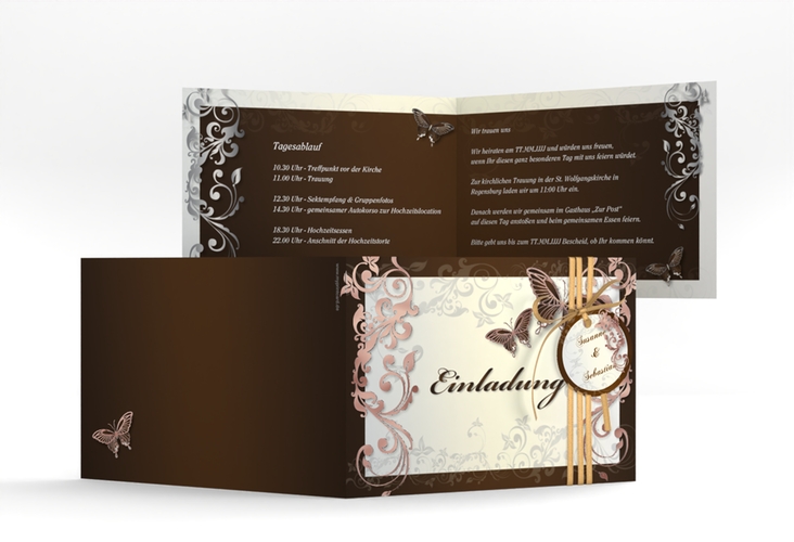 Hochzeitseinladung Toulouse A6 Klappkarte quer braun rosegold mit Schmetterlingen und Schnörkeln